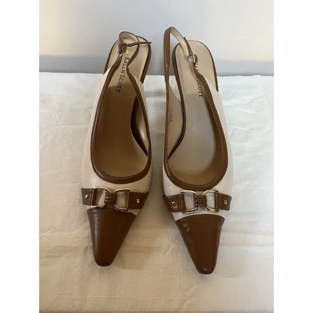 Y2K Vintage Leather Slingback Kitten Heel Spectator Pumps Cap Toe Brown White - Picture 4 of 11